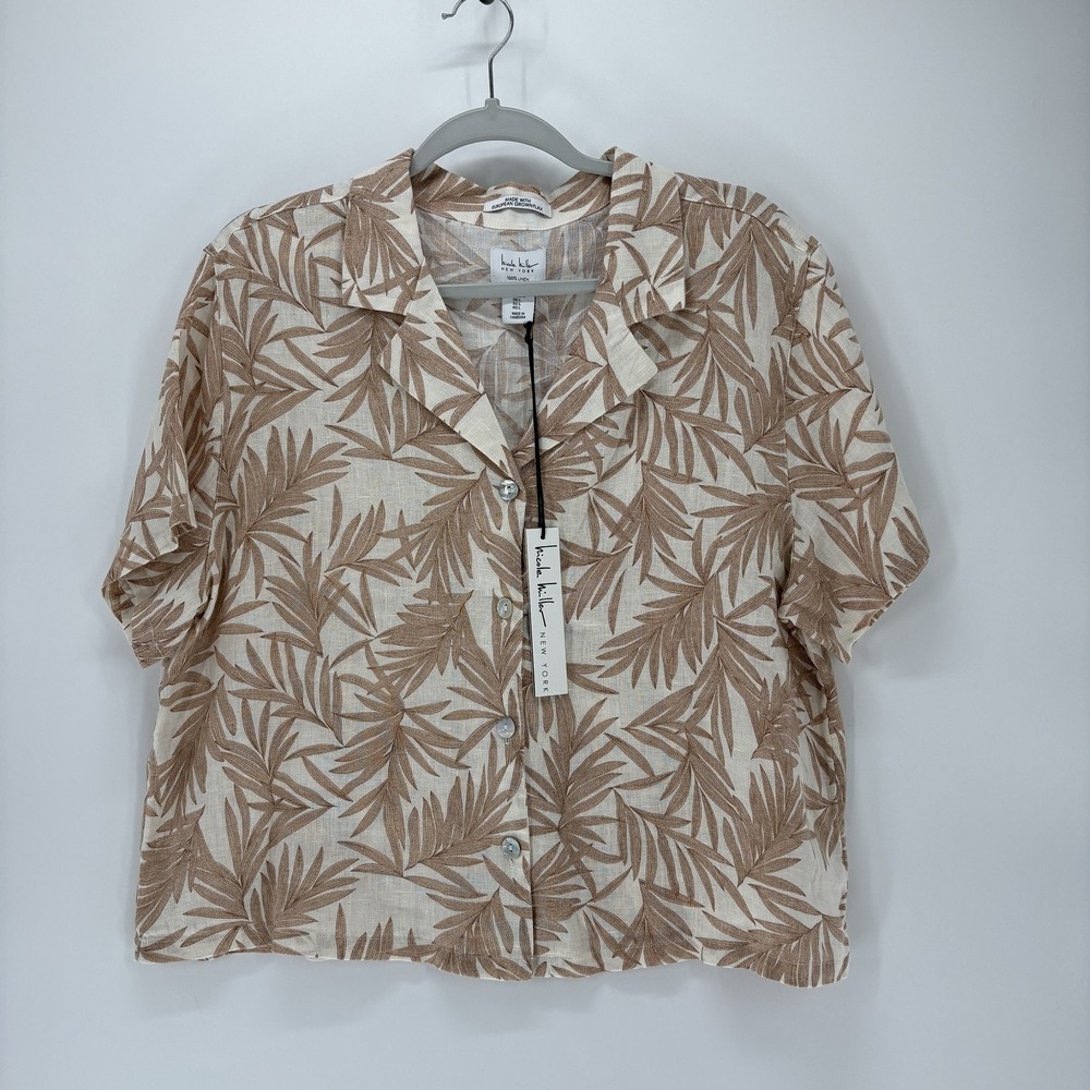 Nicole Miller Linen Shirt Women Large Palm Leaf Short Sleeve Summer NWT